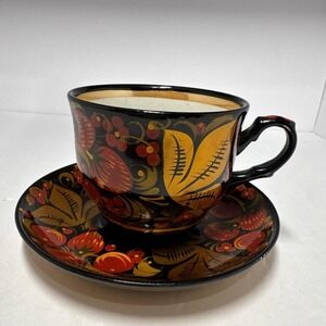 VTG Khokhloma Russian Hand Painted Ceramic Cup & Saucer Black Red Strawberries